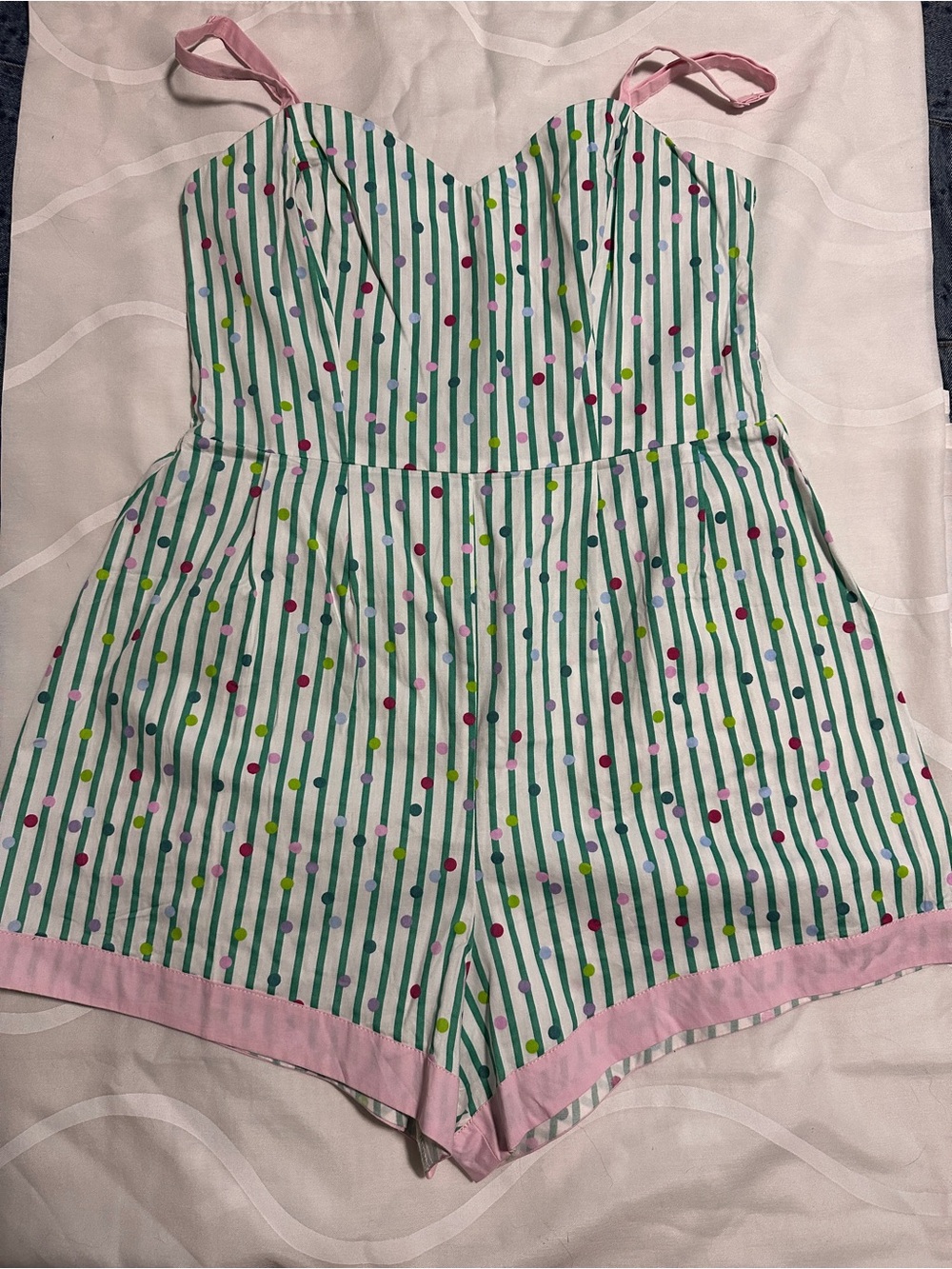 Women’s Green Striped Polka Dot Romper with Pink Trim Unique Vintage Ossining